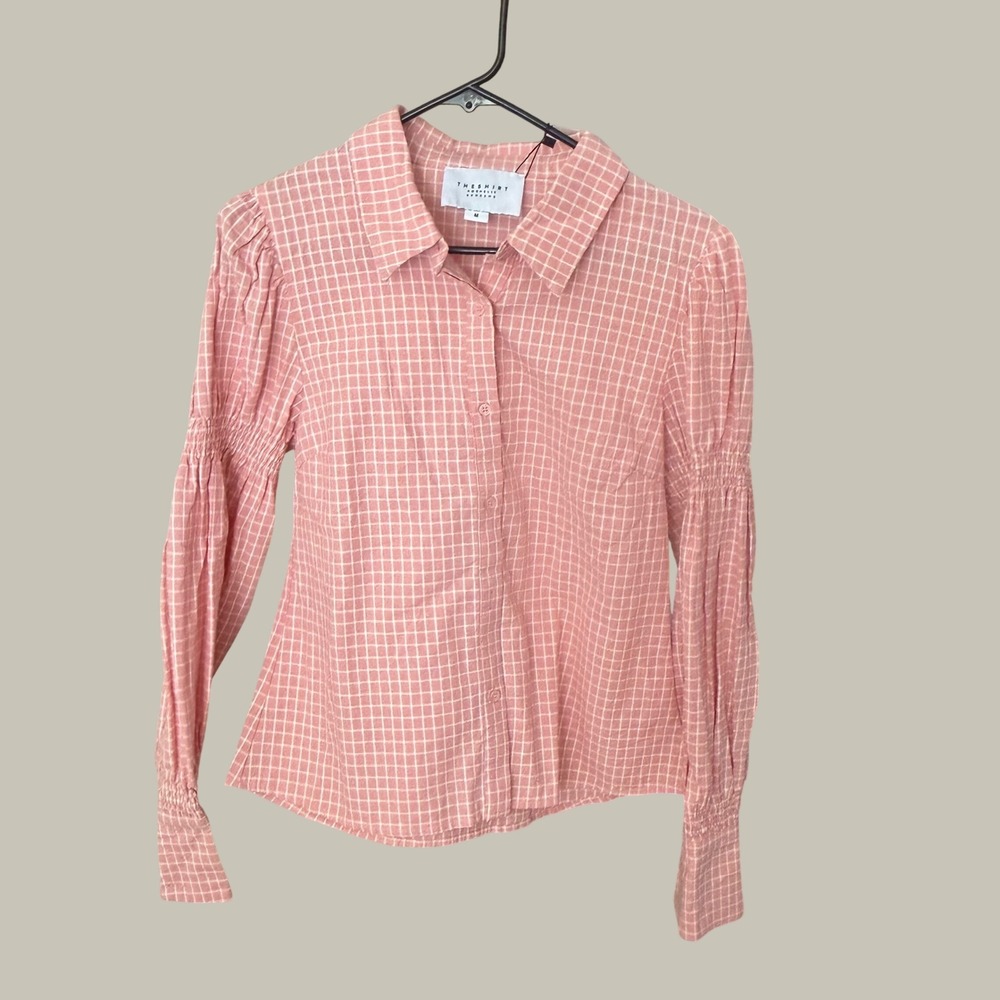 The Shirt by Rochelle Behrens Dara Shirt Pink Berry Grid Smocked Sleeve Size M